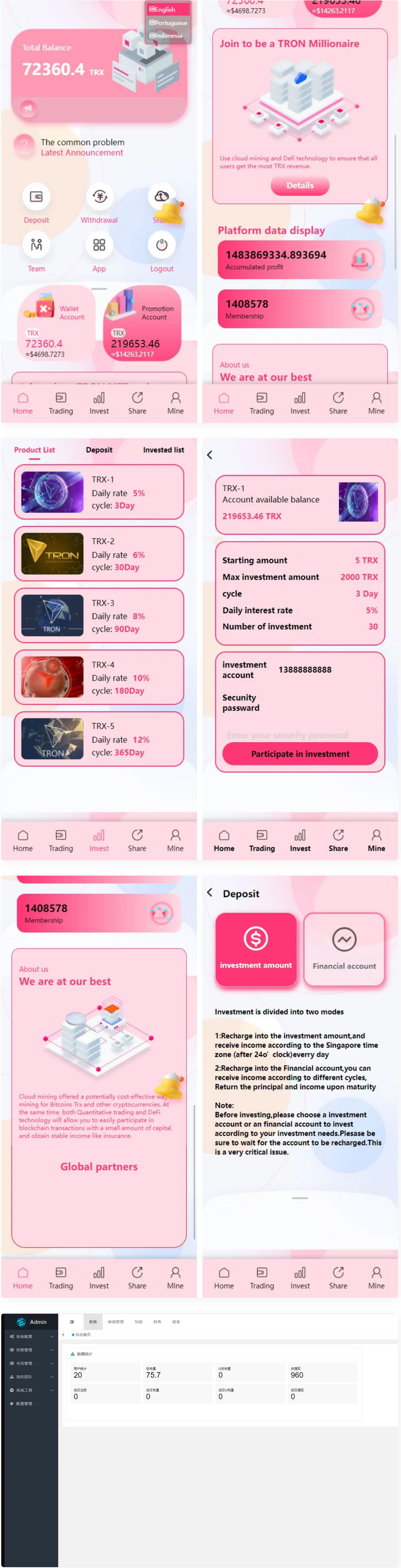 价值500u的trx粉色UI多语言理财网站系统源码