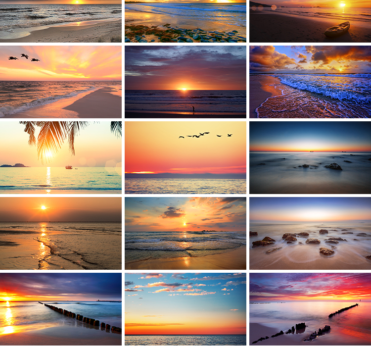 大海沙滩海景海滩海水浪花海浪黄昏夕阳照射海洋岸边风景图片素材