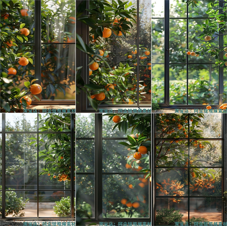 竖屏果园果树落地窗外绿植树叶水果橙子绿幕直播间背景图片素材
