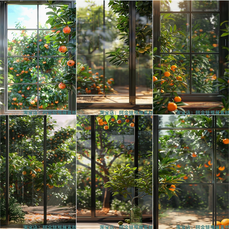 竖屏果园果树落地窗外绿植树叶水果橙子绿幕直播间背景图片素材