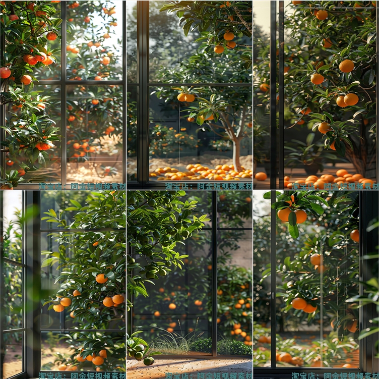 竖屏果园果树落地窗外绿植树叶水果橙子绿幕直播间背景图片素材