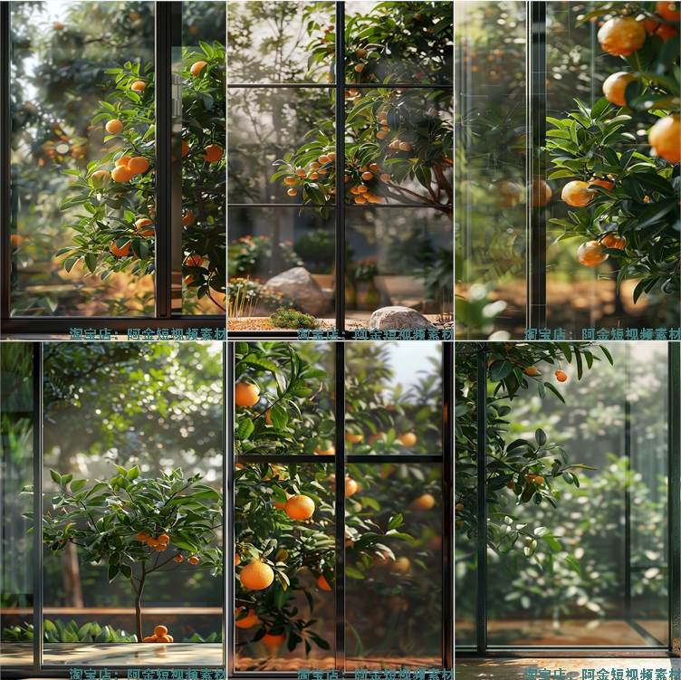 竖屏果园果树落地窗外绿植树叶水果橙子绿幕直播间背景图片素材