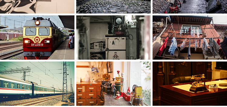 怀旧复古年代感老式电视机缝纫机老照片街道建筑摄影背景图片素材