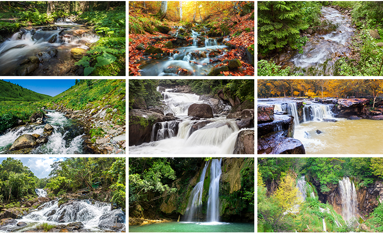 山水河流瀑布湖泊水流小溪清澈小河山涧自然风景风光高清图片素材