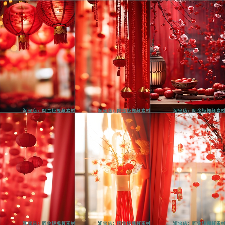 红色喜庆复古中国风窗帘灯笼新年春节绿幕年货直播间背景图片素材