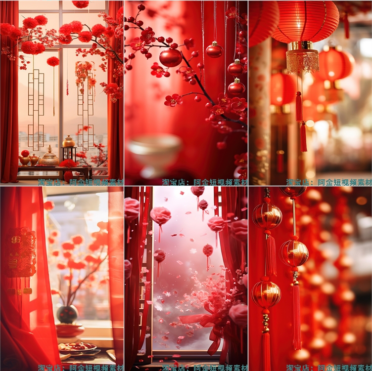 红色喜庆复古中国风窗帘灯笼新年春节绿幕年货直播间背景图片素材