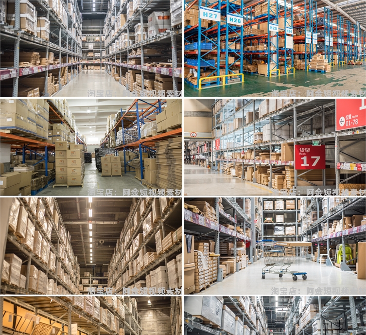 仓储仓库大型货架物流图片无人直播间绿幕高清背景素材带货场景