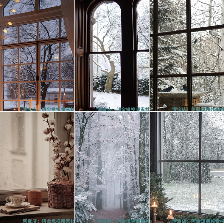 冬天窗外雪景绿幕直播间虚拟化背景图片素材冬季室内窗户下雪风景