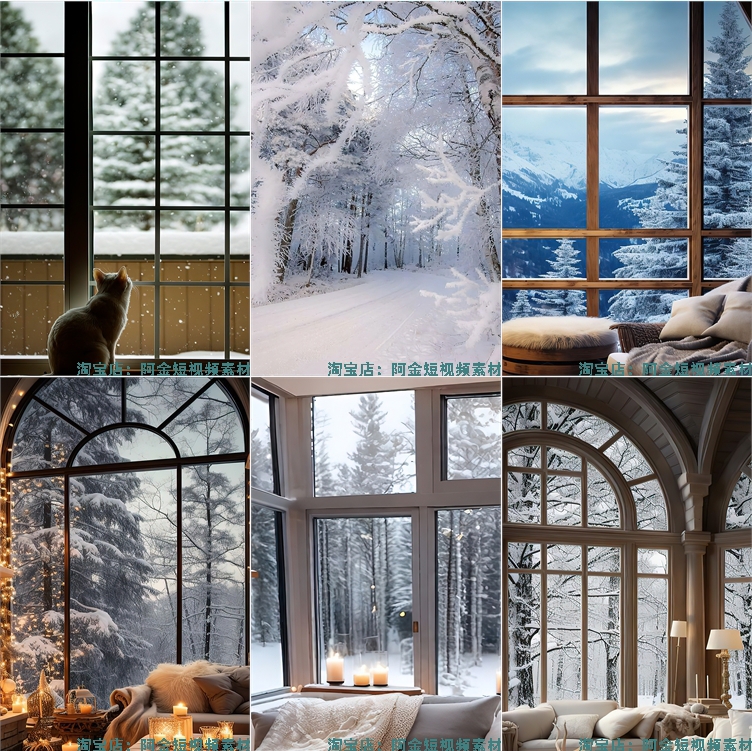 冬天窗外雪景绿幕直播间虚拟化背景图片素材冬季室内窗户下雪风景