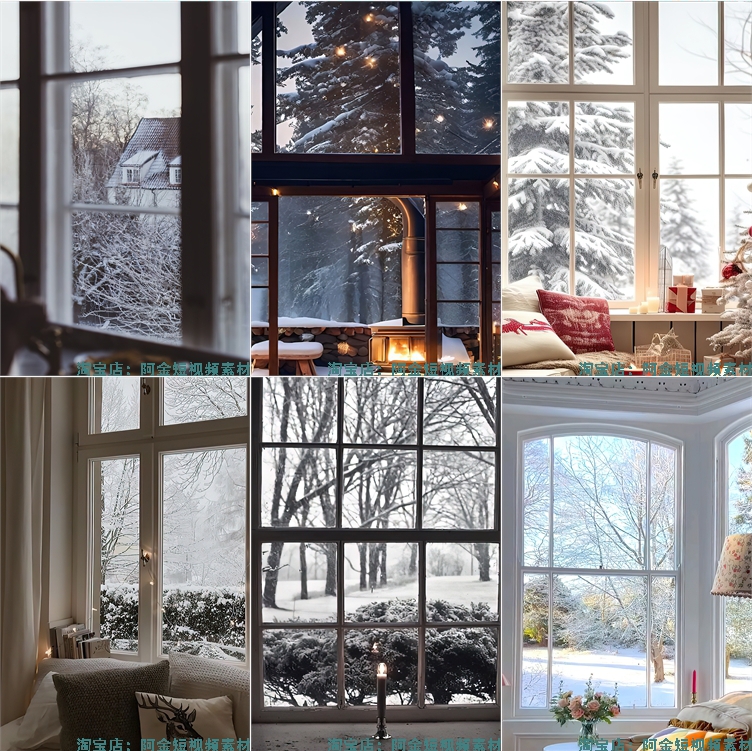冬天窗外雪景绿幕直播间虚拟化背景图片素材冬季室内窗户下雪风景