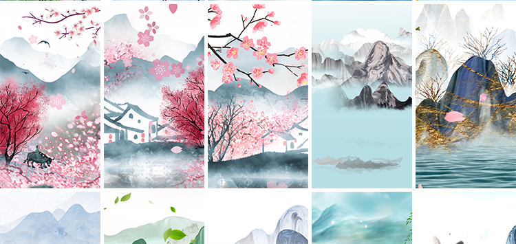 中国风水墨古典古风山水风景画意境竖版直播舞台背景动态视频素材