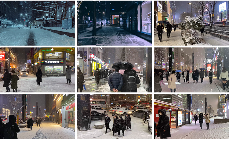 城市街道雪景下雪天夜晚街头人流车流冬天冬季雪花走拍短视频素材