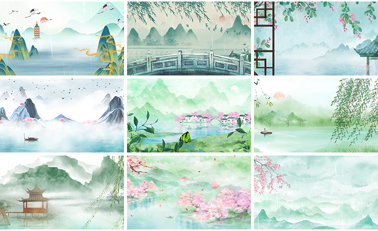 古风山水春天春雨谷雨小雨天中国风水墨舞台屏幕LED背景视频素材