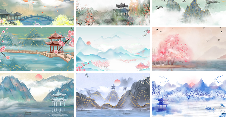 古诗词朗诵中国风古典清新水墨山水画LED舞台大屏幕背景视频素材