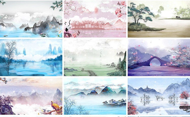 古诗词朗诵中国风古典清新水墨山水画LED舞台大屏幕背景视频素材