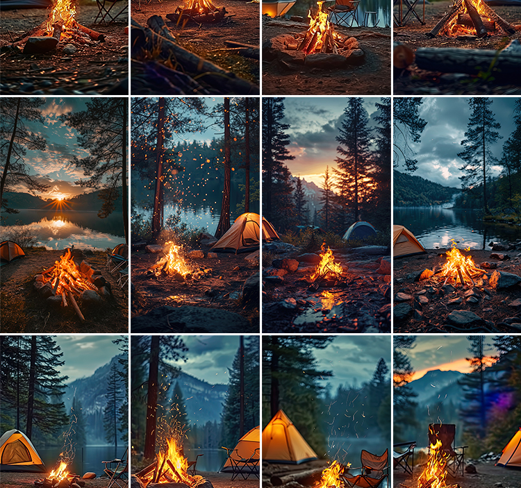 户外露营火堆篝火野外野营地帐篷绿幕动态视频直播间背景图片素材