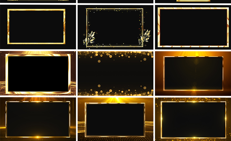 金色花边框矩形装饰金属复古相框MOV特效带透明通道动态视频素材