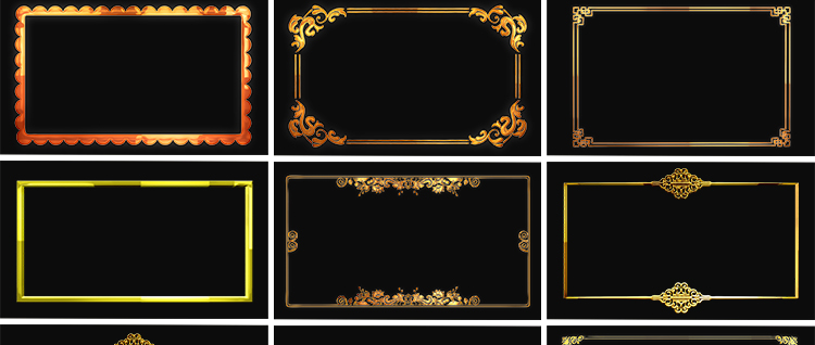 金色花边框矩形装饰金属复古相框MOV特效带透明通道动态视频素材