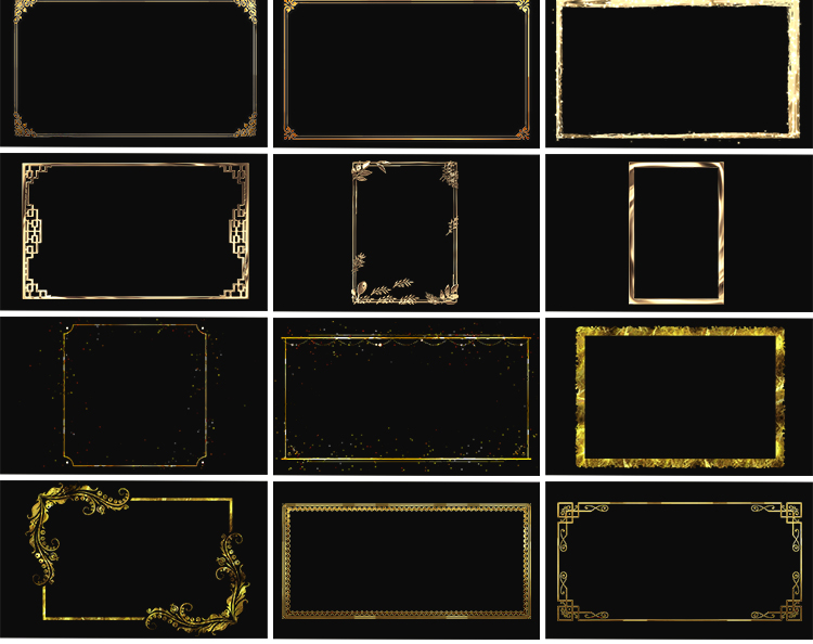 金色花边框矩形装饰金属复古相框MOV特效带透明通道动态视频素材