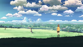 卡通动漫日本治愈风景蓝天白云草地人与自然视频素材