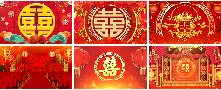 喜庆囍字中式古典婚礼拜堂拜天地结婚舞台LED大屏幕背景视频素材