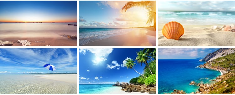 大海沙滩海景海滩海水浪花海浪黄昏夕阳照射海洋岸边风景图片素材