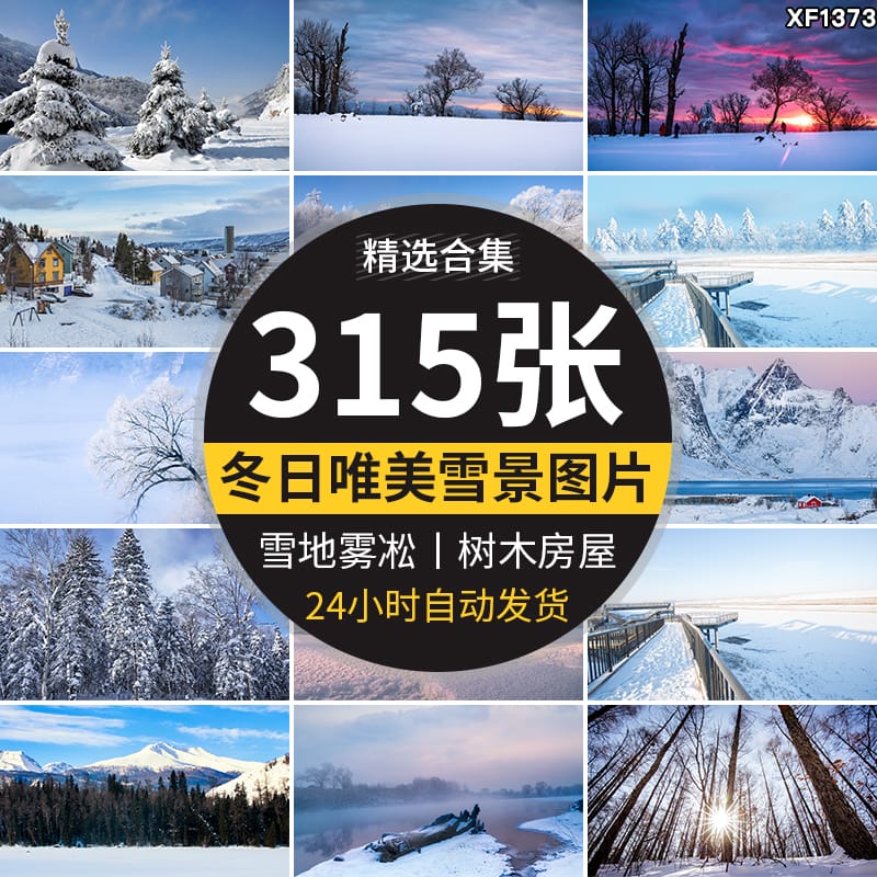 冬天冬季雪景房屋子宽屏雪山树林白雪地自然风景高清合成图片素材