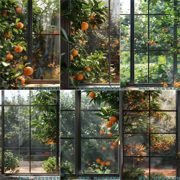 竖屏果园果树落地窗外绿植树叶水果橙子绿幕直播间背景图片素材