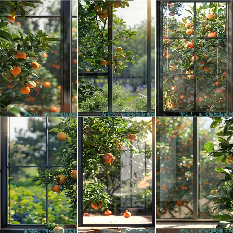 竖屏果园果树落地窗外绿植树叶水果橙子绿幕直播间背景图片素材