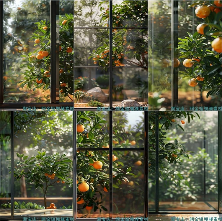 竖屏果园果树落地窗外绿植树叶水果橙子绿幕直播间背景图片素材