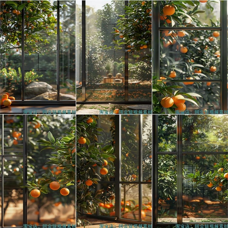 竖屏果园果树落地窗外绿植树叶水果橙子绿幕直播间背景图片素材