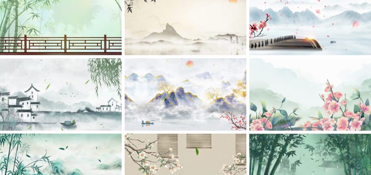 中国古风山水墨画古韵风景淡雅清新古典舞台psd海报背景图片素材