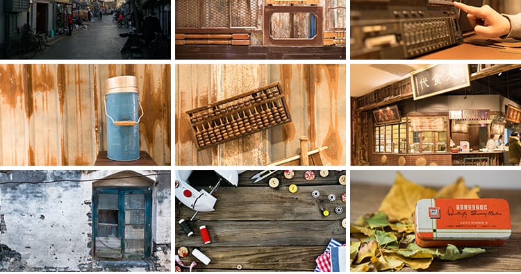 怀旧复古年代感老式电视机缝纫机老照片街道建筑摄影背景图片素材