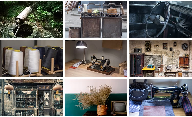 怀旧复古年代感老式电视机缝纫机老照片街道建筑摄影背景图片素材