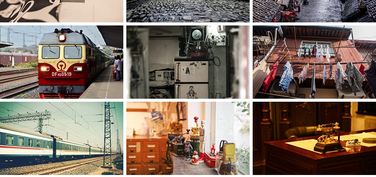 怀旧复古年代感老式电视机缝纫机老照片街道建筑摄影背景图片素材