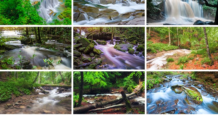 山水河流瀑布湖泊水流小溪清澈小河山涧自然风景风光高清图片素材