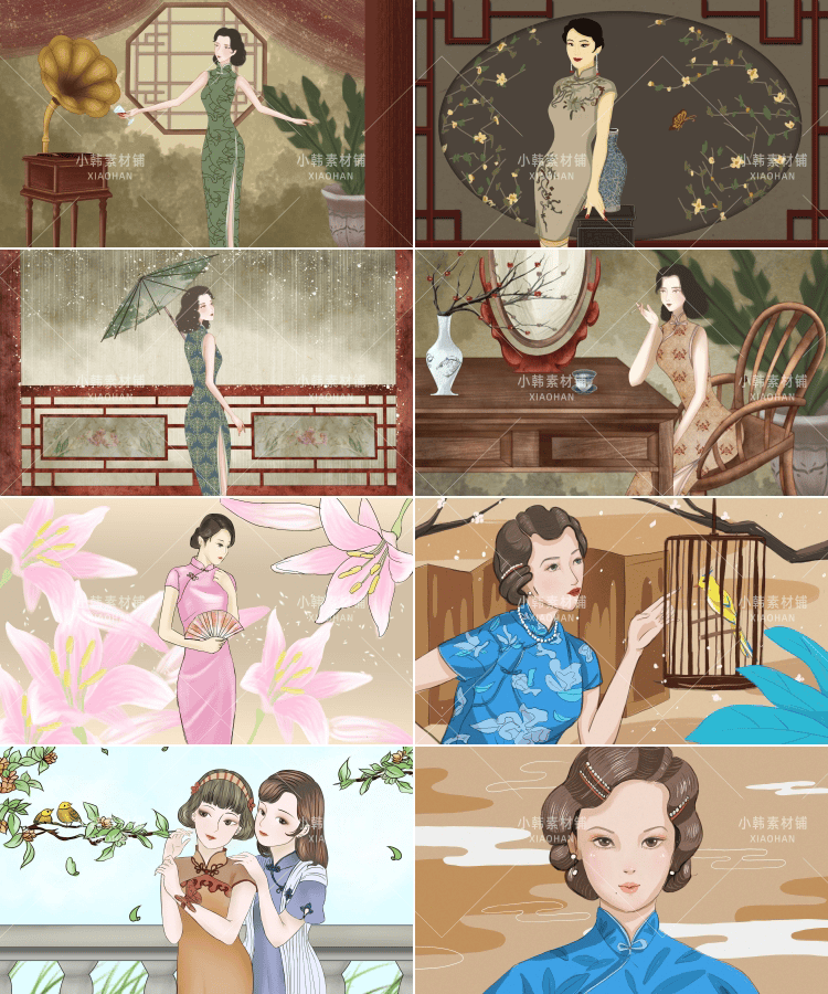 手绘旗袍传统古风气质人物图片psd平面设计自媒体剪辑制作素材