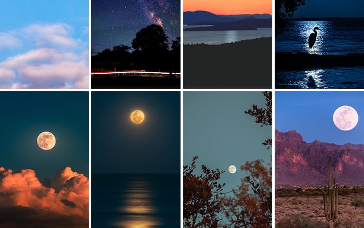 唯美夜空月亮水面圆月弯月白月光明月夜晚星空风景摄影图片照素材