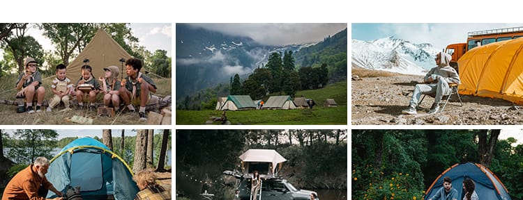 户外野营聚会郊外露营帐篷夜晚篝火旅游户外休闲活动营地图片素材