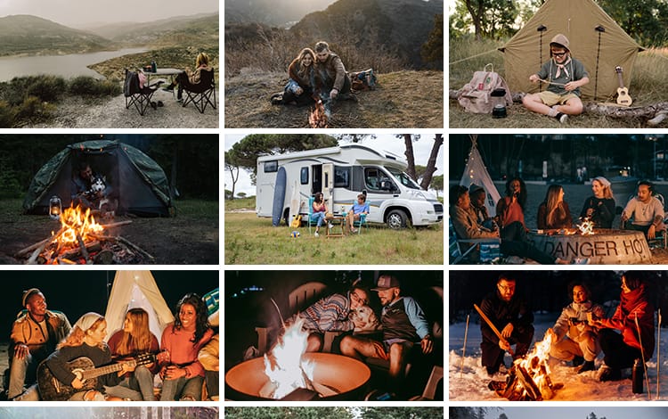 户外野营聚会郊外露营帐篷夜晚篝火旅游户外休闲活动营地图片素材