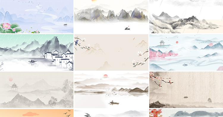 中国古风山水墨画古韵风景淡雅清新古典舞台psd海报背景图片素材