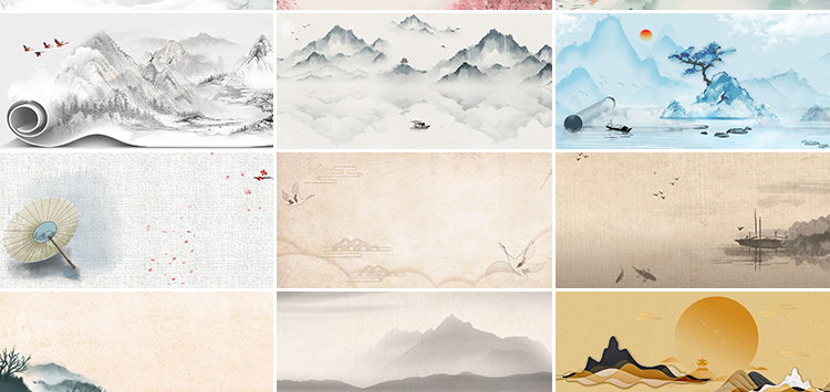 中国古风山水墨画古韵风景淡雅清新古典舞台psd海报背景图片素材