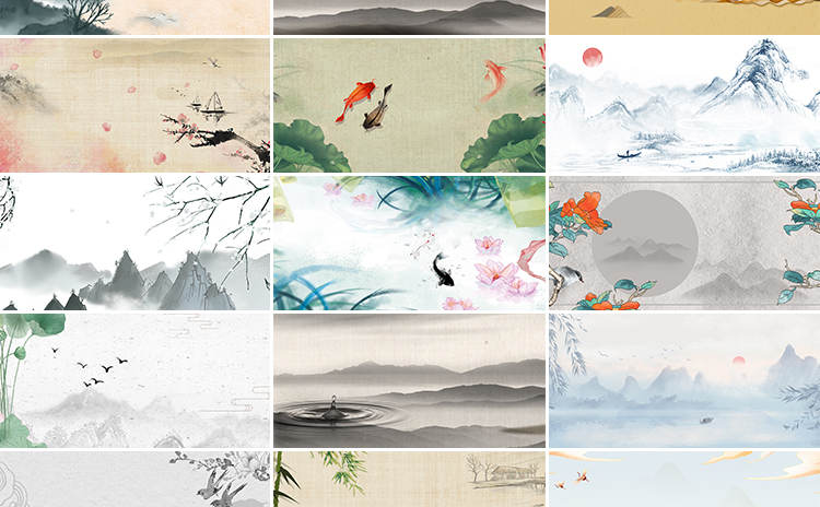 中国古风山水墨画古韵风景淡雅清新古典舞台psd海报背景图片素材