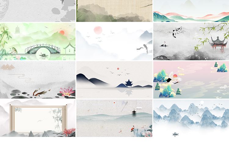 中国古风山水墨画古韵风景淡雅清新古典舞台psd海报背景图片素材