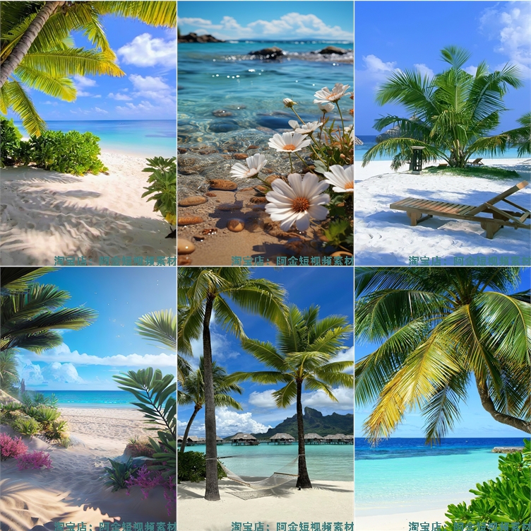 海边沙滩椰树夏天夏日海滩风景海水抖音绿幕直播led背景图片素材