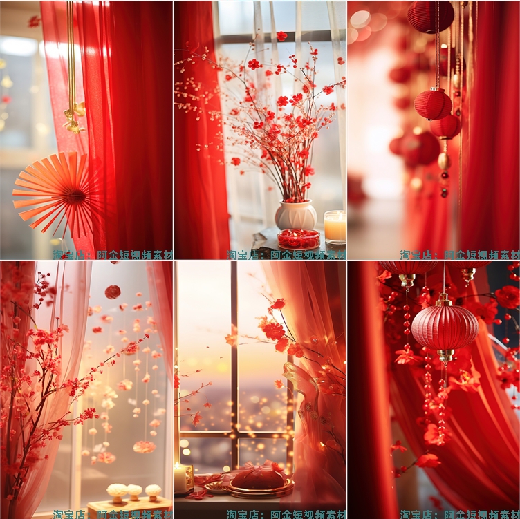 红色喜庆复古中国风窗帘灯笼新年春节绿幕年货直播间背景图片素材