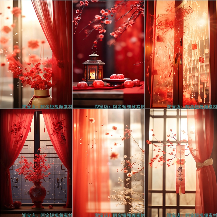 红色喜庆复古中国风窗帘灯笼新年春节绿幕年货直播间背景图片素材