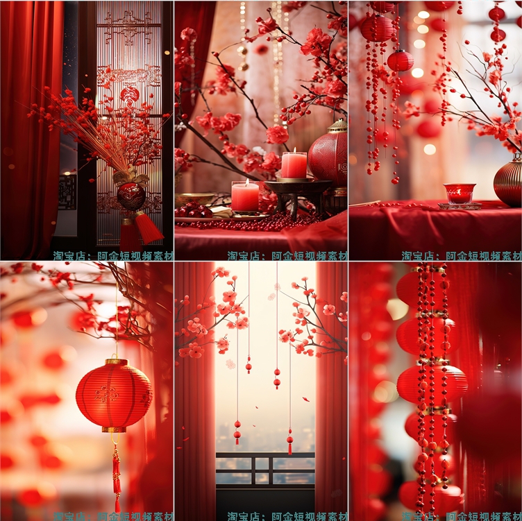 红色喜庆复古中国风窗帘灯笼新年春节绿幕年货直播间背景图片素材
