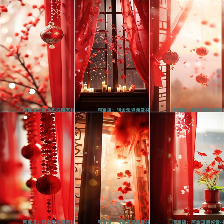 红色喜庆复古中国风窗帘灯笼新年春节绿幕年货直播间背景图片素材