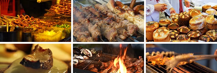 夜市美食街路边摊小吃街头特色烤串臭豆腐炸串炭烤海鲜短视频素材